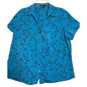 VTG Elementz Women's 1X Button-Up Short Sleeve Shirt Blue & Black Leaf Pattern